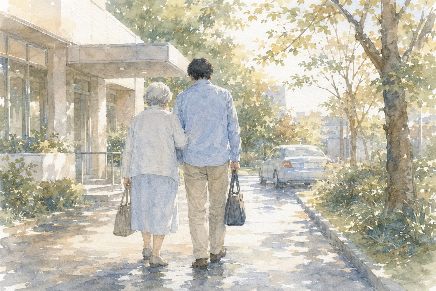 家並みの続く道を、母と息子が寄り添って歩く水彩画