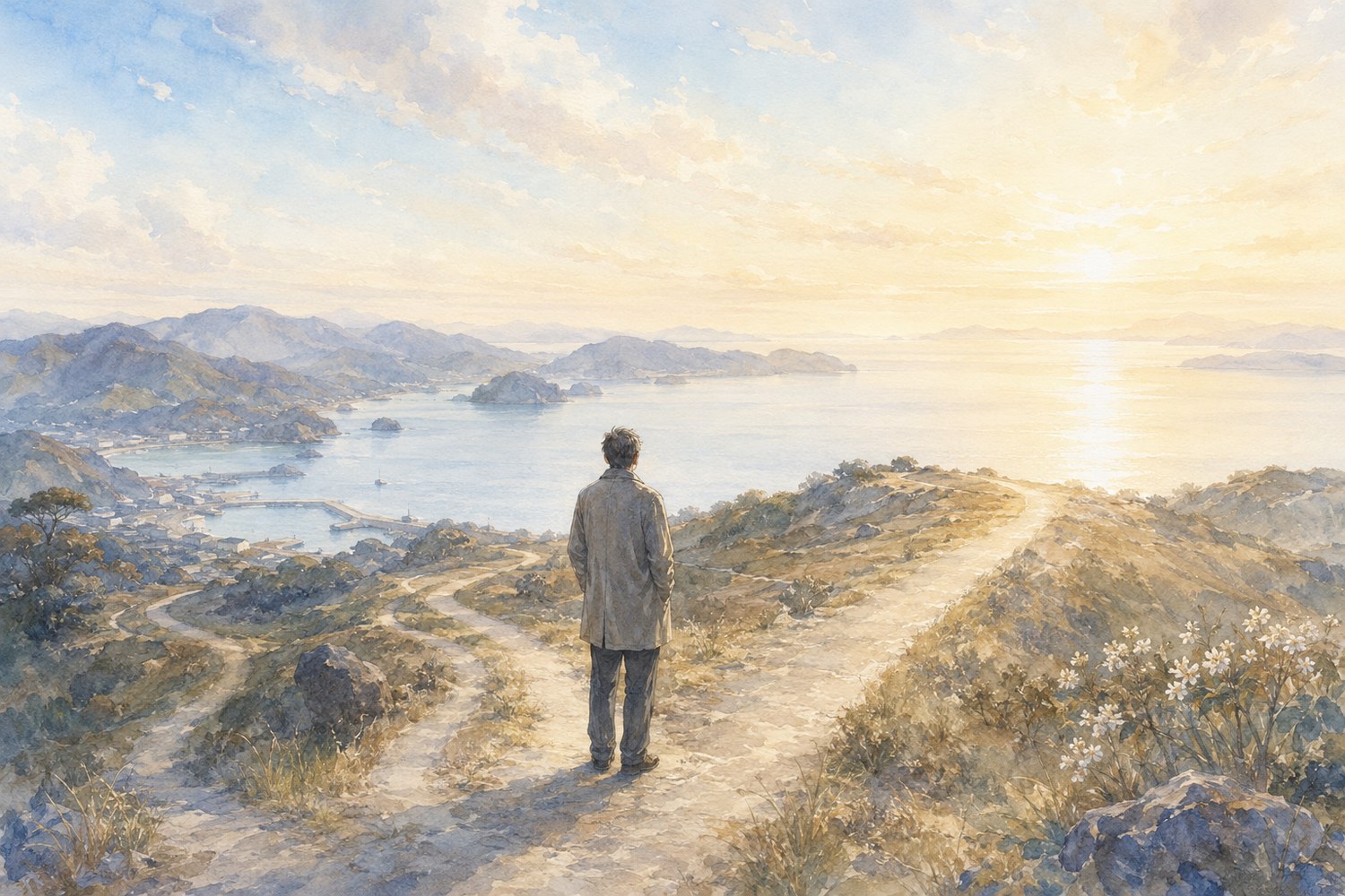 海を望む道を、一人の人が光に向かって歩いていく水彩画